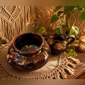 #CabinCouture 2-pc Brown Glossy Drip Glazed Pottery Pastel Aqua undertones